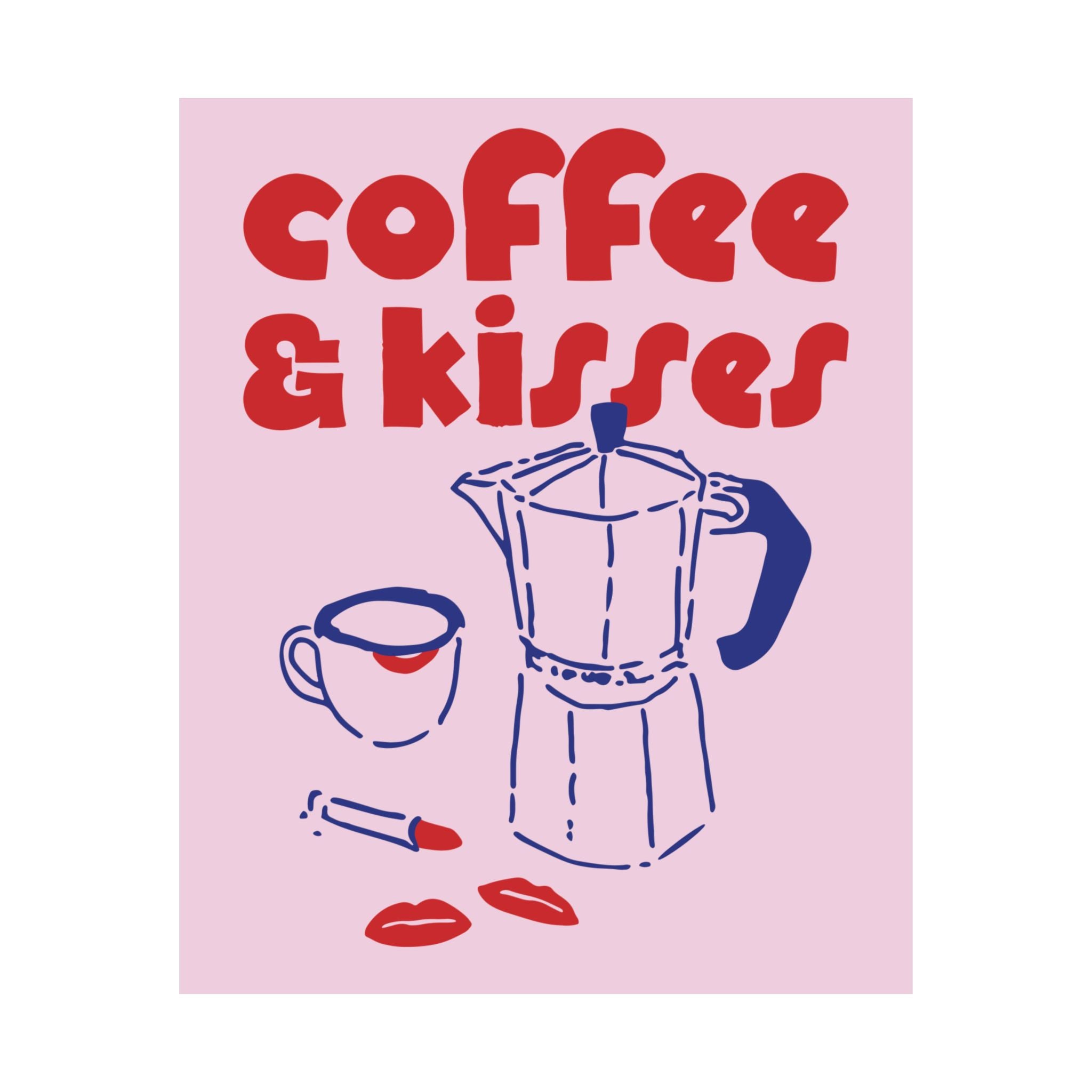 Funky Coffee & Kisses Doodle Poster, Blue Red Caffeine Wall Art Print