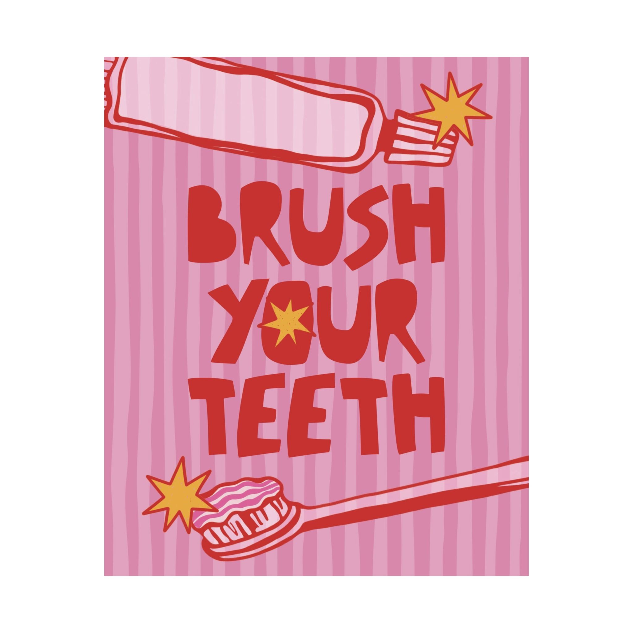 Eclectic Brush Your Teeth Poster, Red, Pink Bathroom Bold Wall Art Print