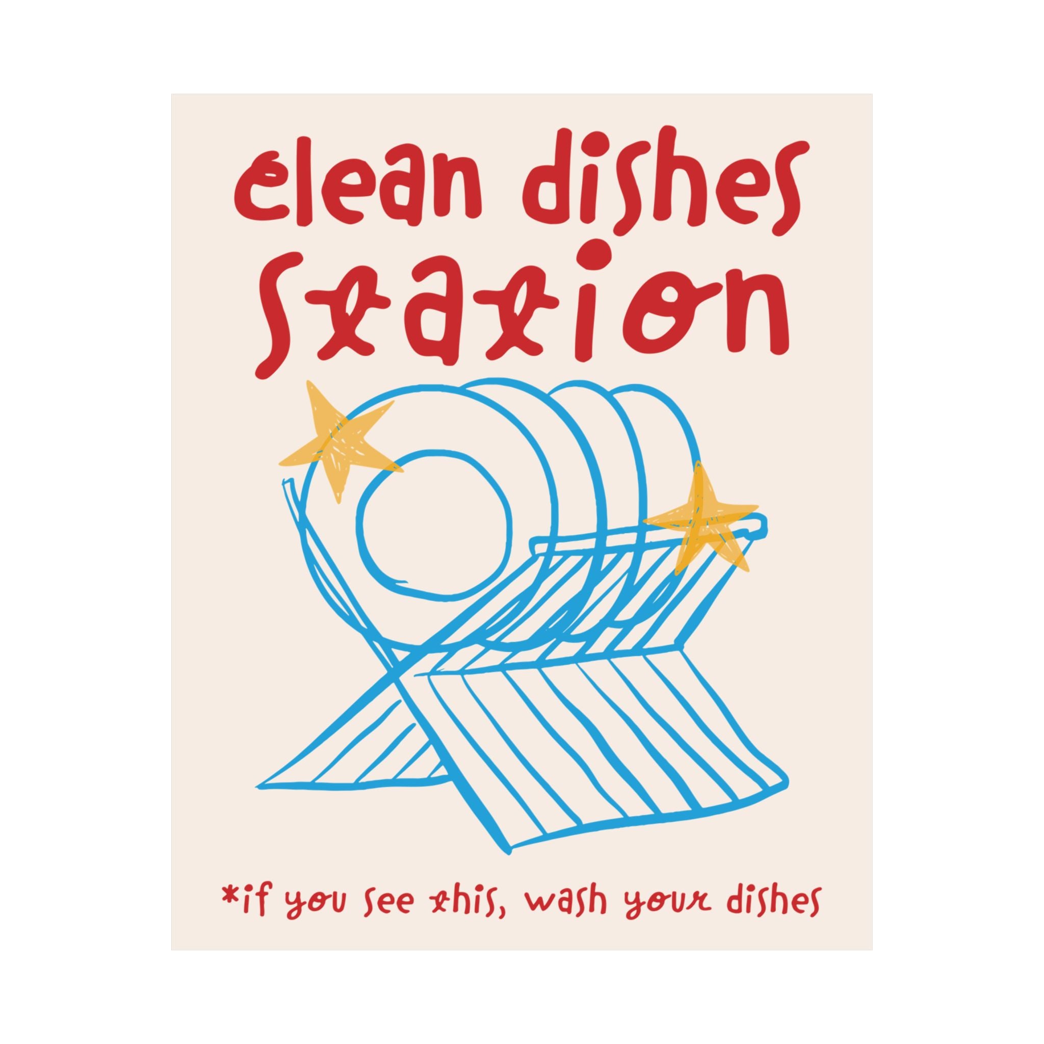 Clean Dishes Station, Wash Your Plates Poster, Blue Red Kitchen Art Print