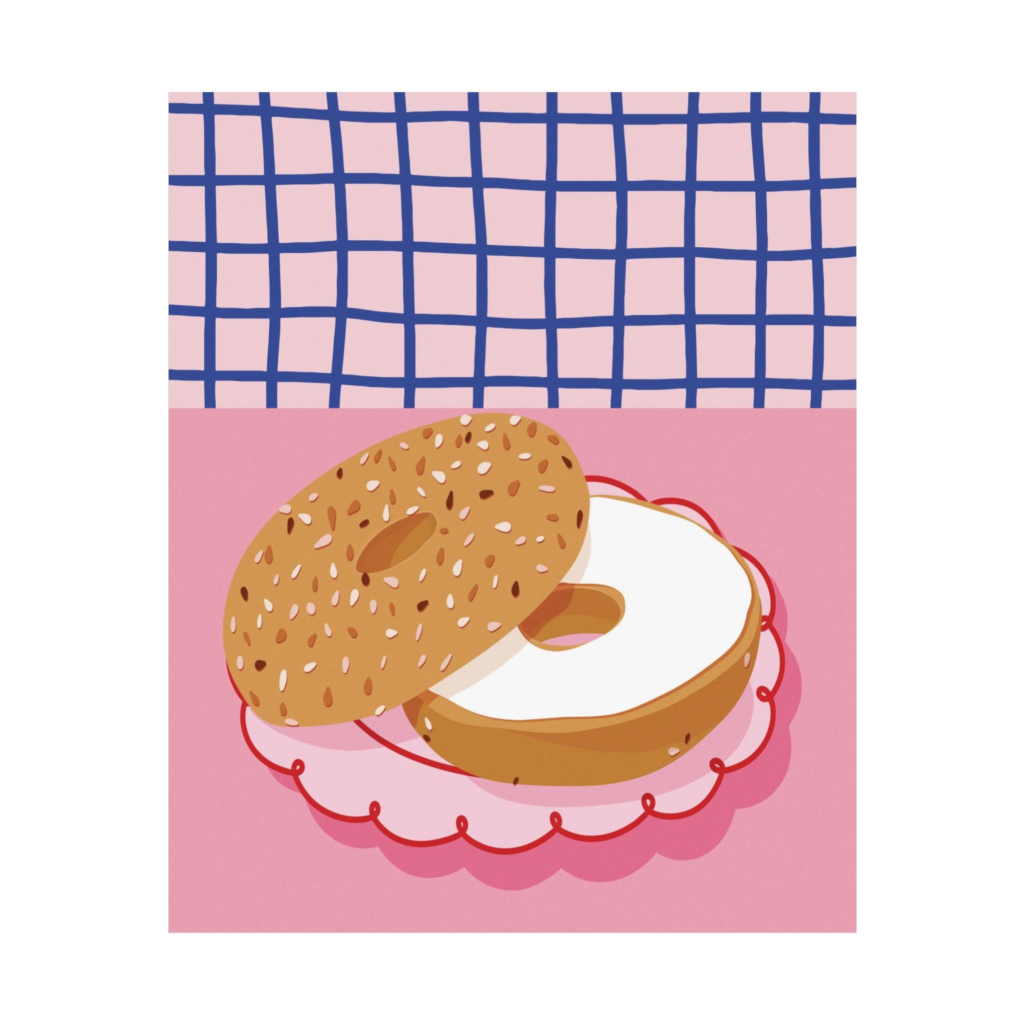 Eclectic Bagel Cream Cheese Poster, Retro Pink & Blue Breakfast Wall Poster