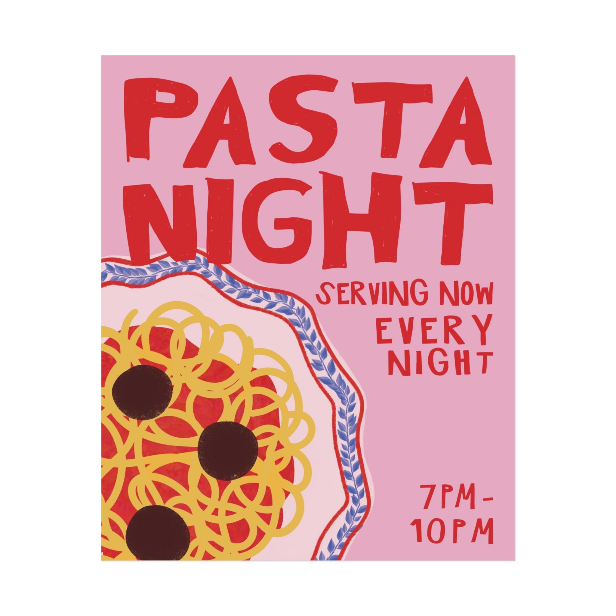 Retro Close-Up of Pasta Plate Night Illustration Poster, Girl Dinner Wall Print