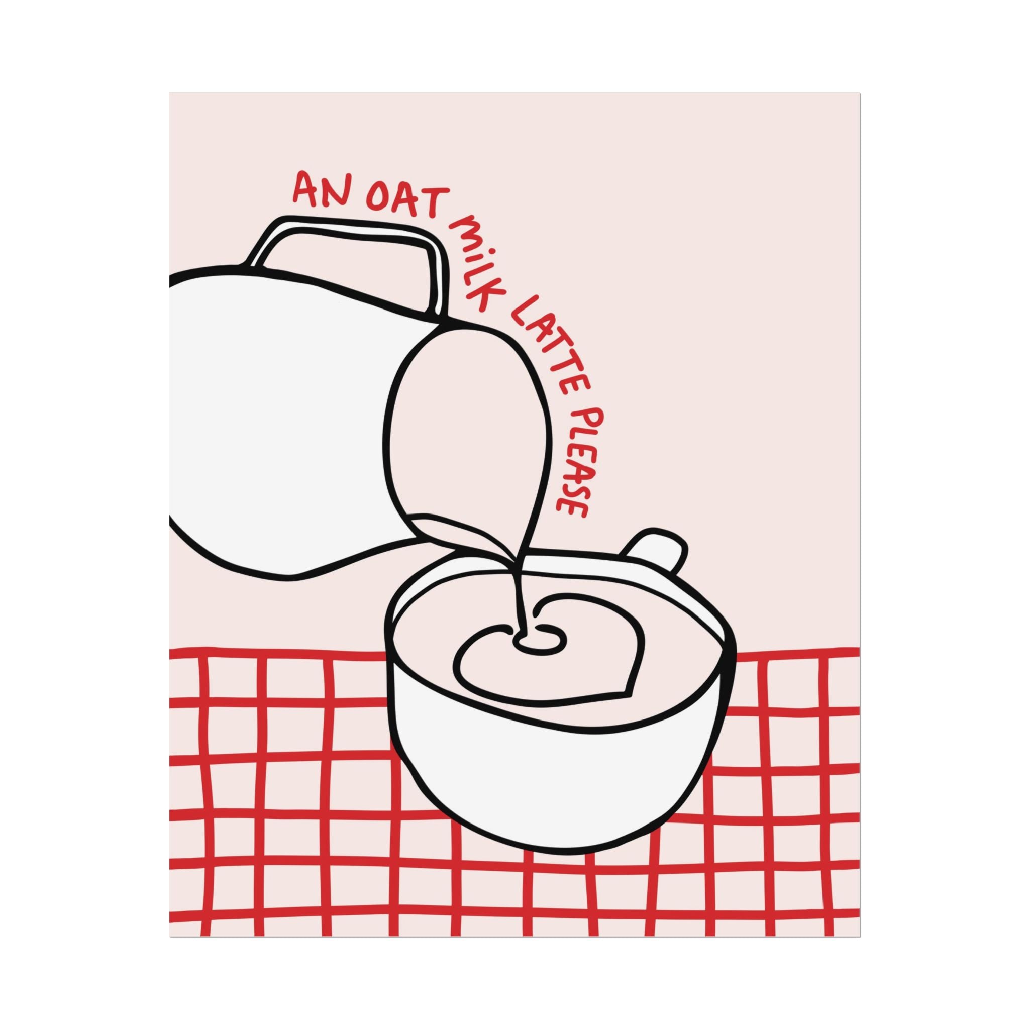 An Oat Milk Latte Please Poster, Coffee Red & Pink Retro Latte Wall Art Print