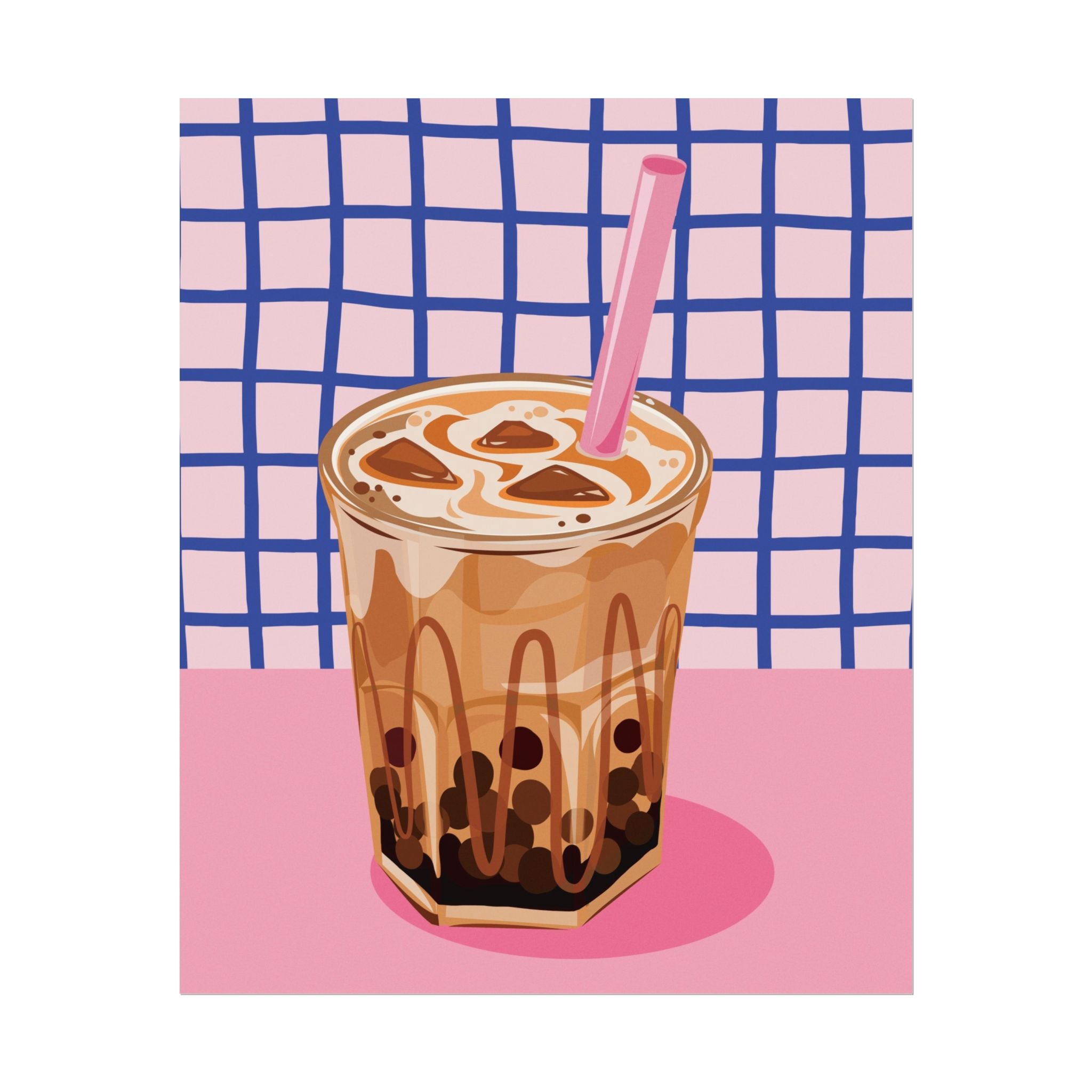 Eclectic Brown Sugar Boba Tea Poster, Retro Pink & Blue Coffee Wall Poster