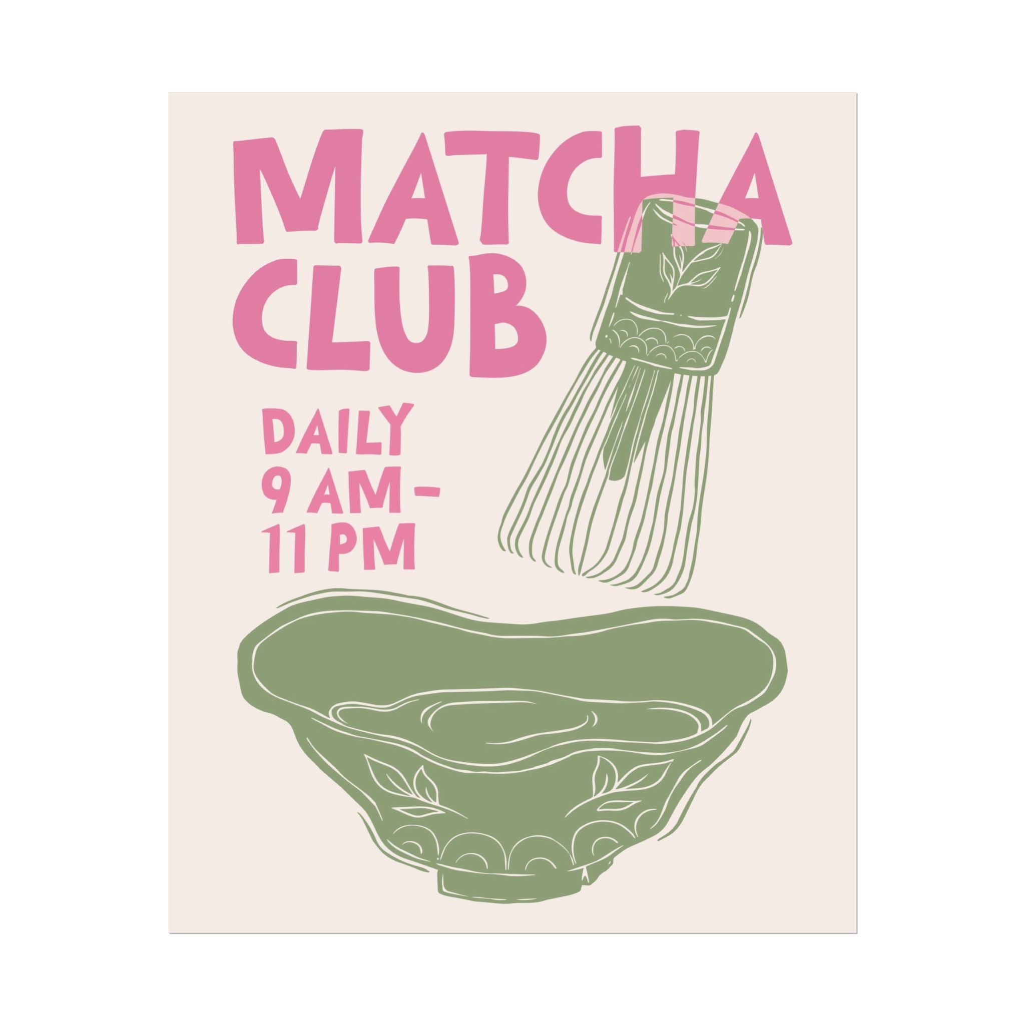 Abstract Matcha Club Pink Green Poster, Coffee Kit Whisk & Bowl Wall Print