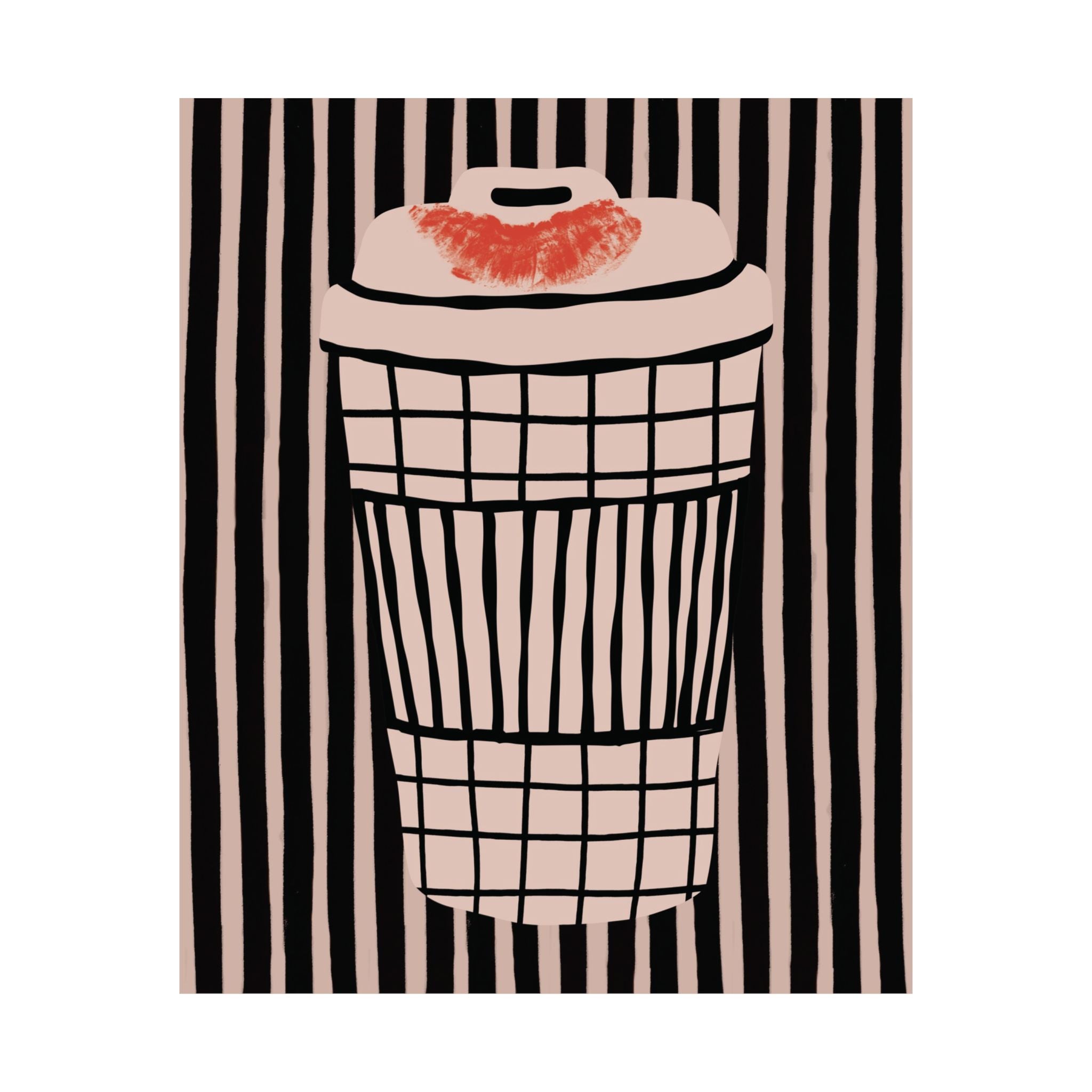 Abstract Coffee Takeaway Cup With Red Lipstick Kiss Stamp Poster, Mixed Patterns Print