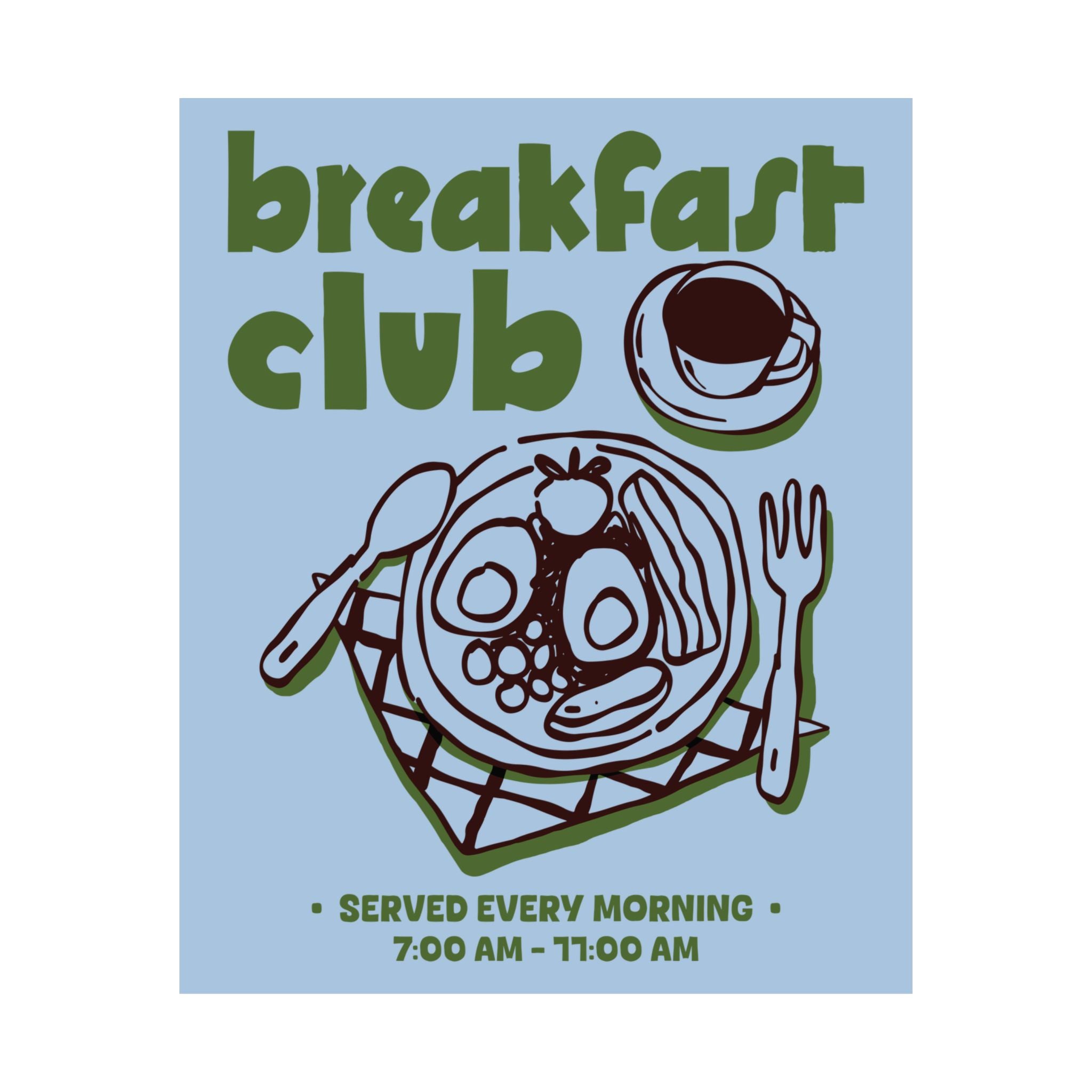 Doodle Breakfast Club Poster, Food & Coffee Blue, Green, Brown Wall Art Print