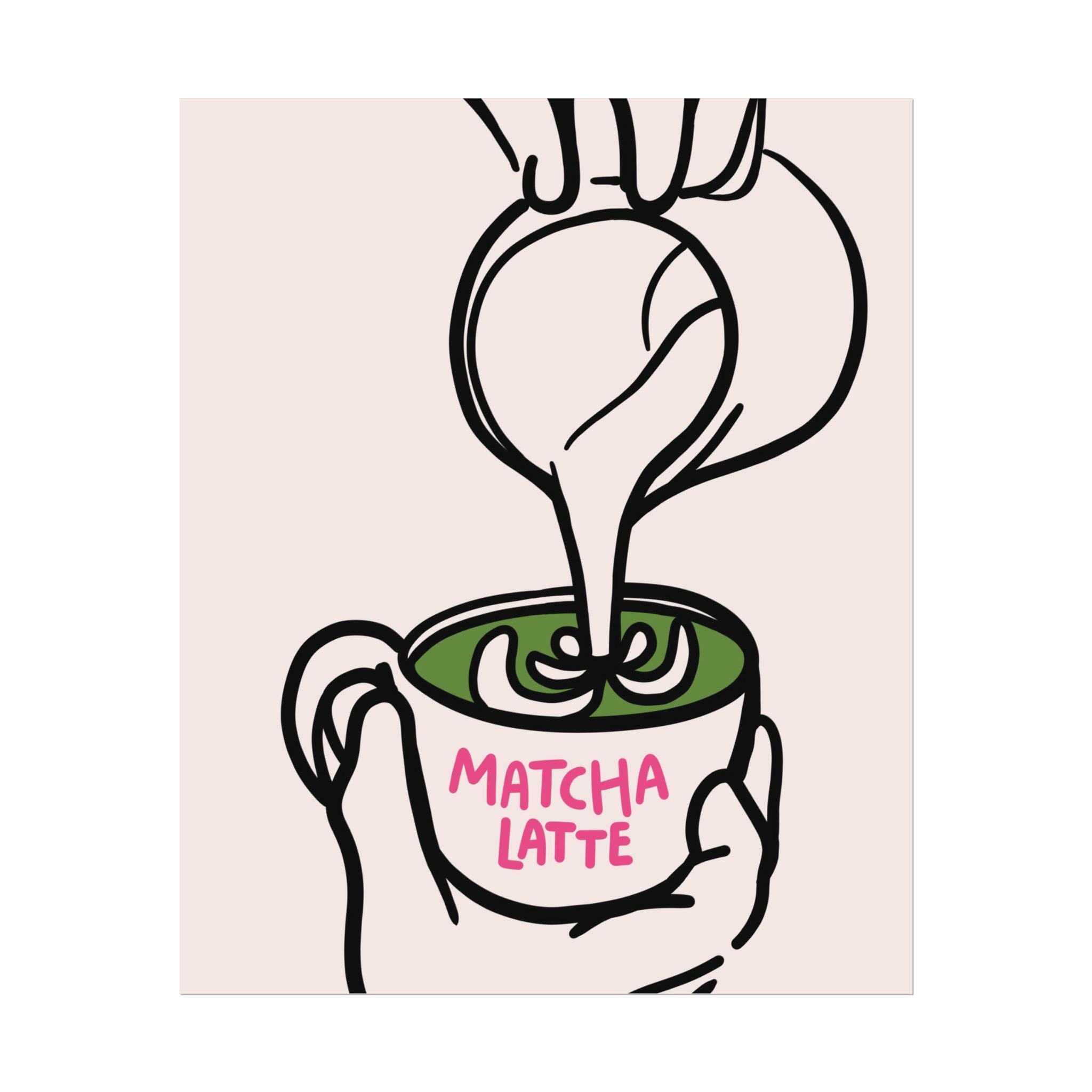 Funky Matcha Latte Poster, Coffee Barista Pink Green Wall Print