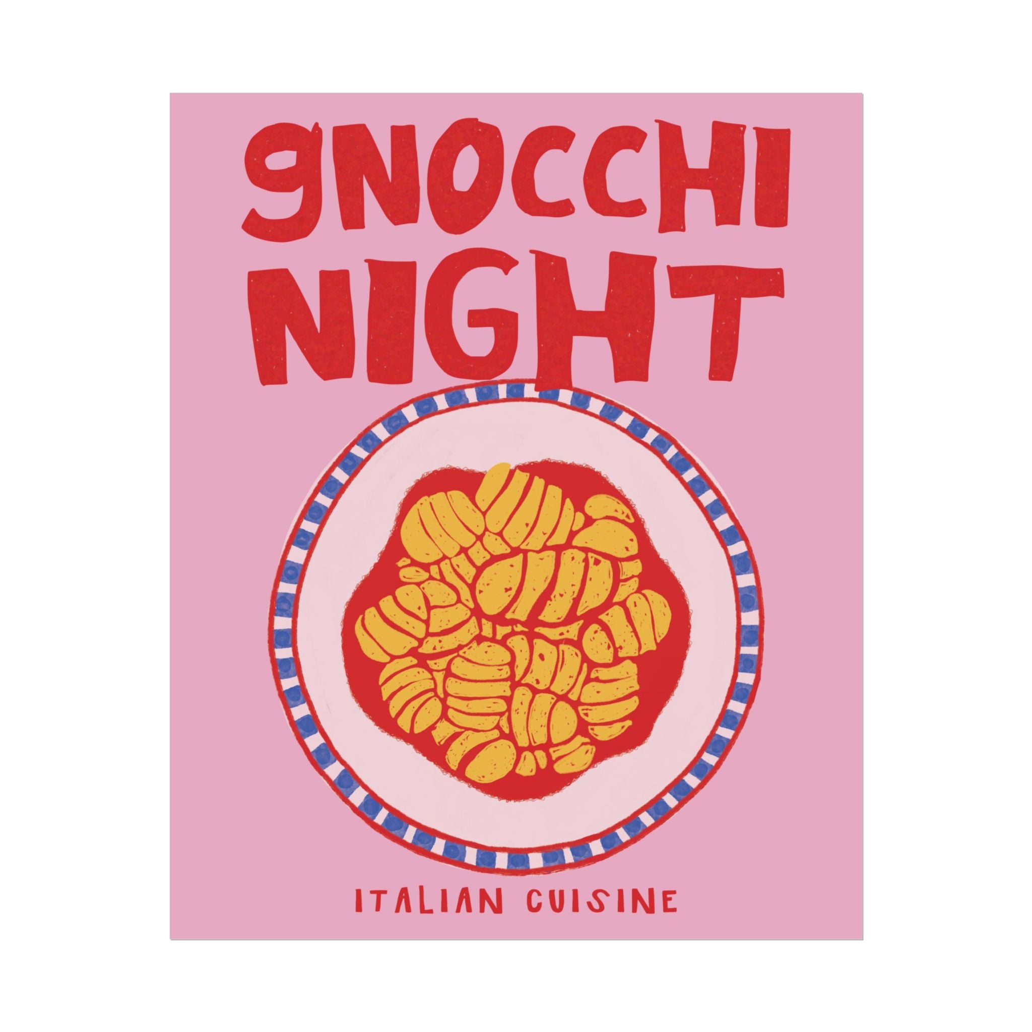 Retro Gnocchi Night Illustration Poster, Girl Dinner Pink & Red Wall Print