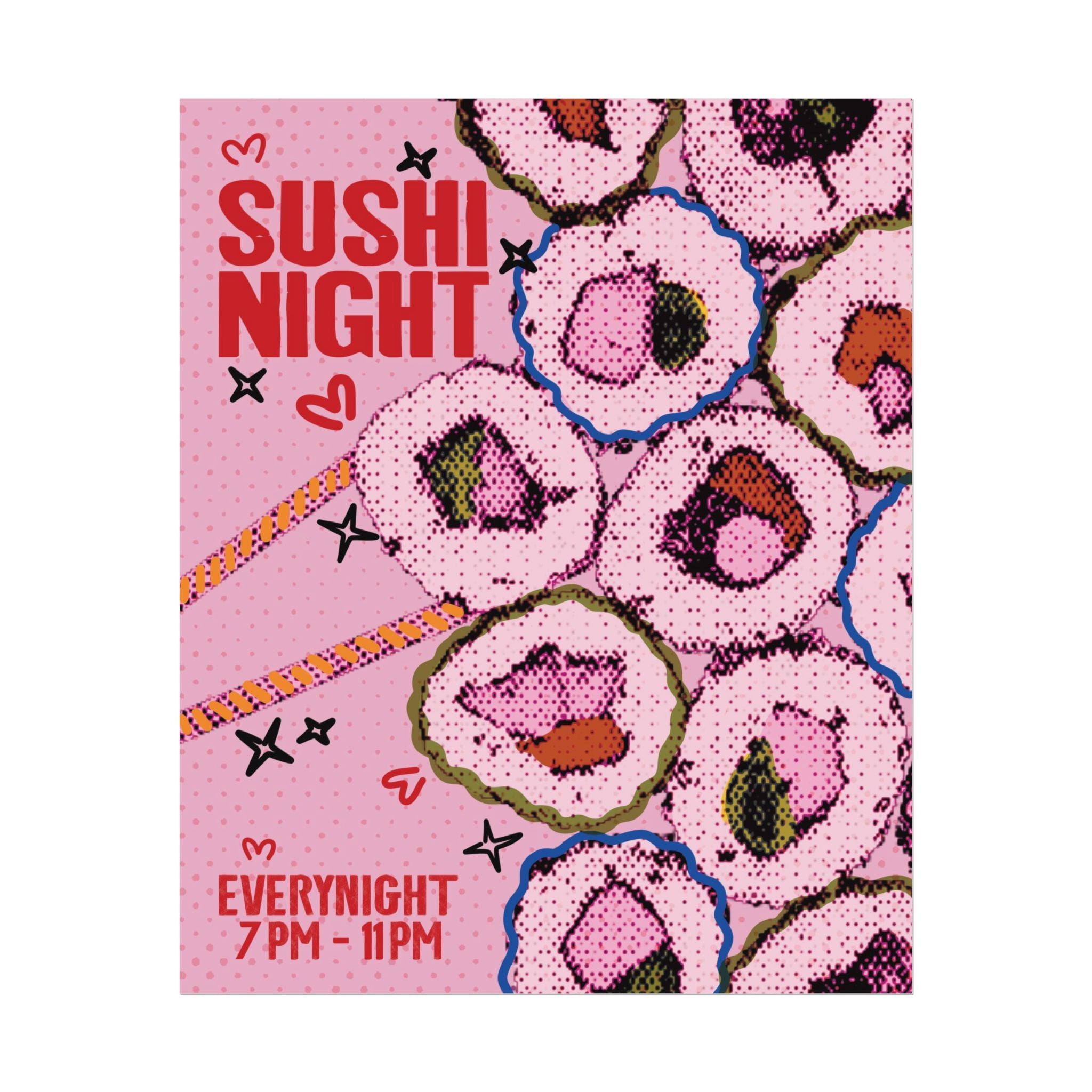 Halftone Sushi Night Poster, Vintage, Retro Food Wall Art Print