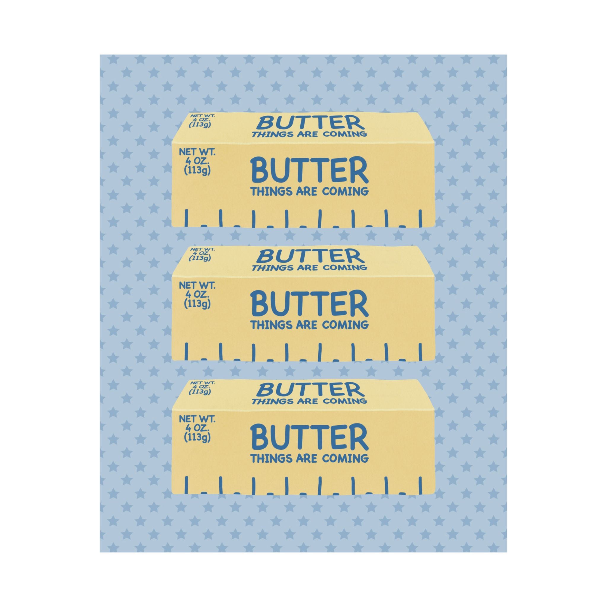 Butter Things Are Coming Illustration Poster, Blue Yellow Retro Eclectic Food Print