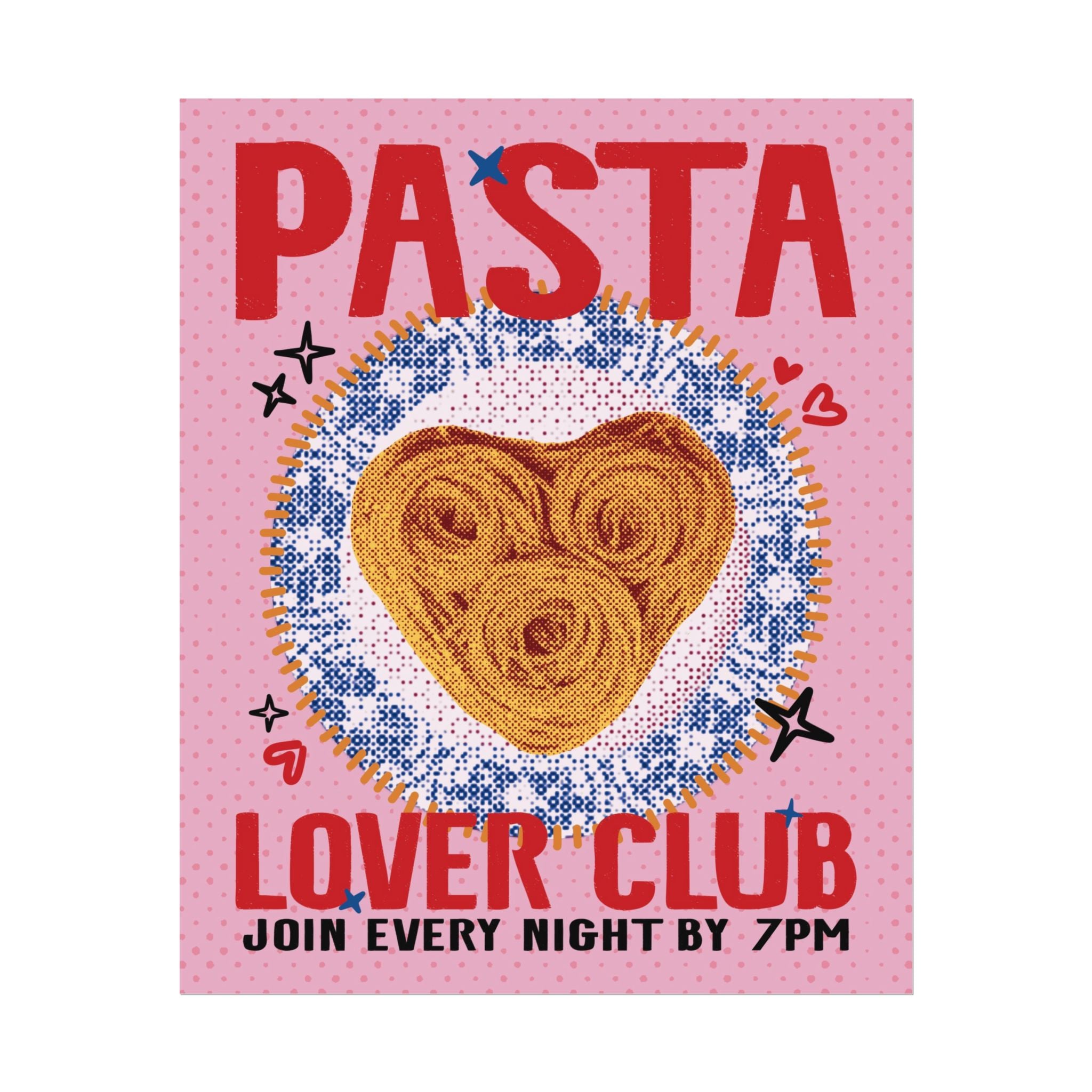 Halftone Pasta Lover Club Poster, Heart Retro Spaghetti Wall Art Print