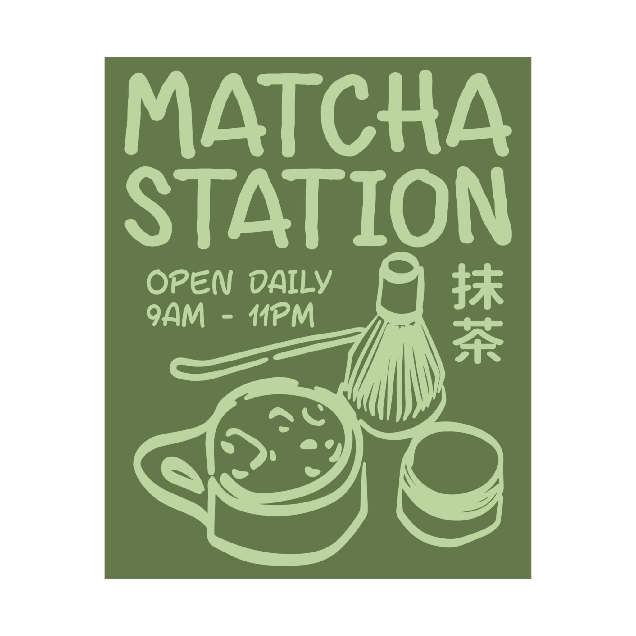 Funky Matcha Station Green Poster, Coffeebar Doodle Wall Art Print