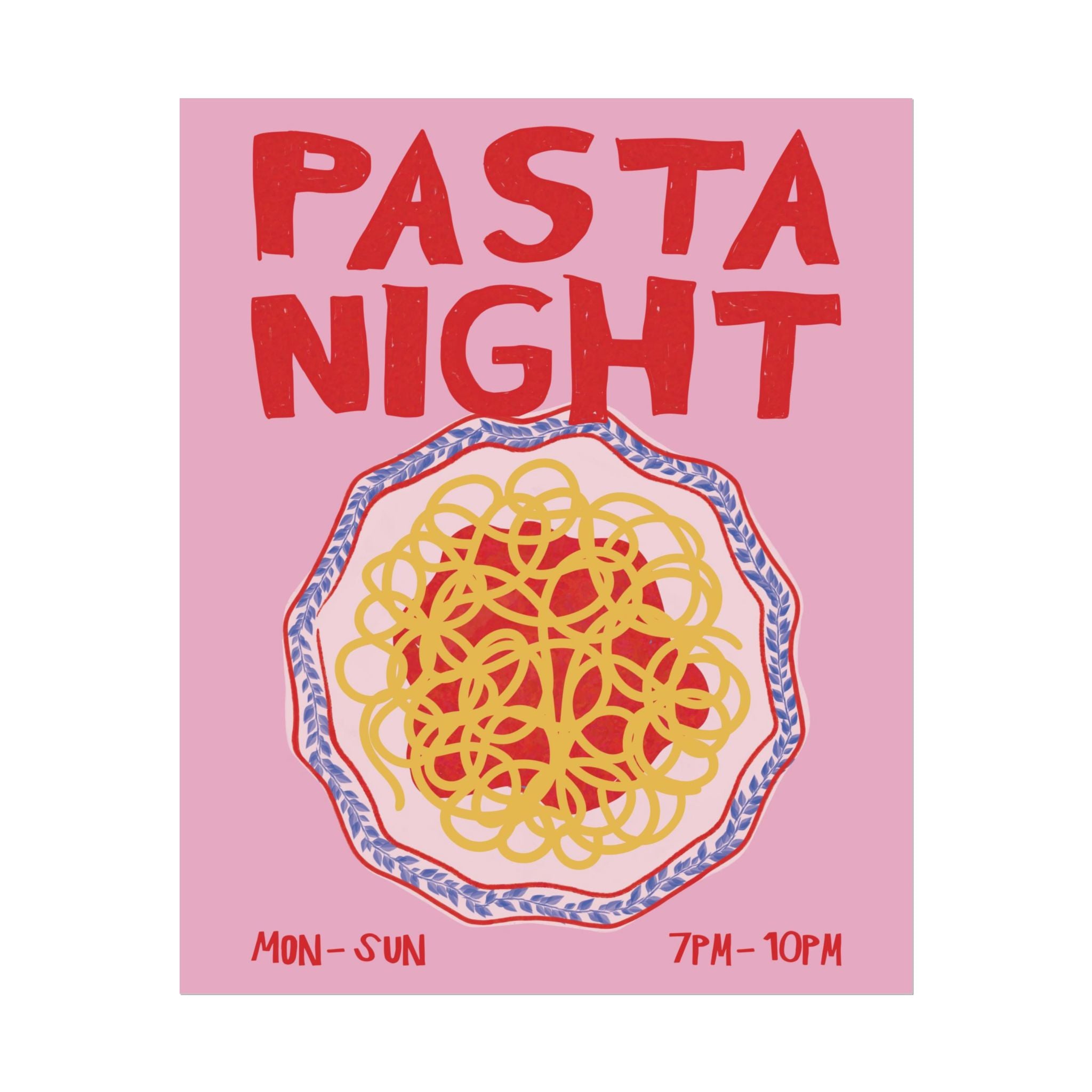 Retro Pasta Night Illustration Poster, Girl Dinner, Italian Food Wall Art Print