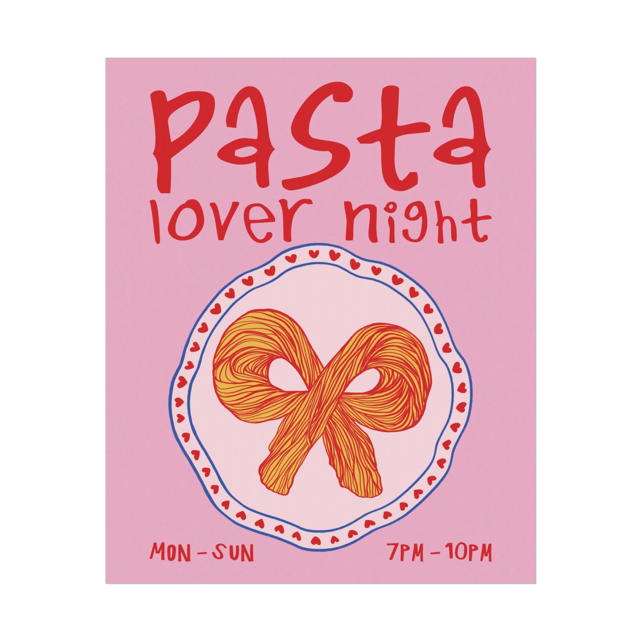 Retro Coquette Pasta Night Illustration Poster, Girl Dinner Bow Wall Print