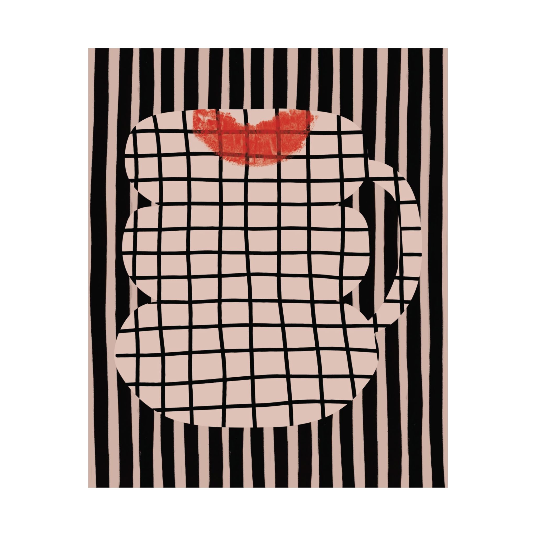 Abstract Coffee Mug With Red Lipstick Kiss Stamp Poster, Mixed Patterns Art Print