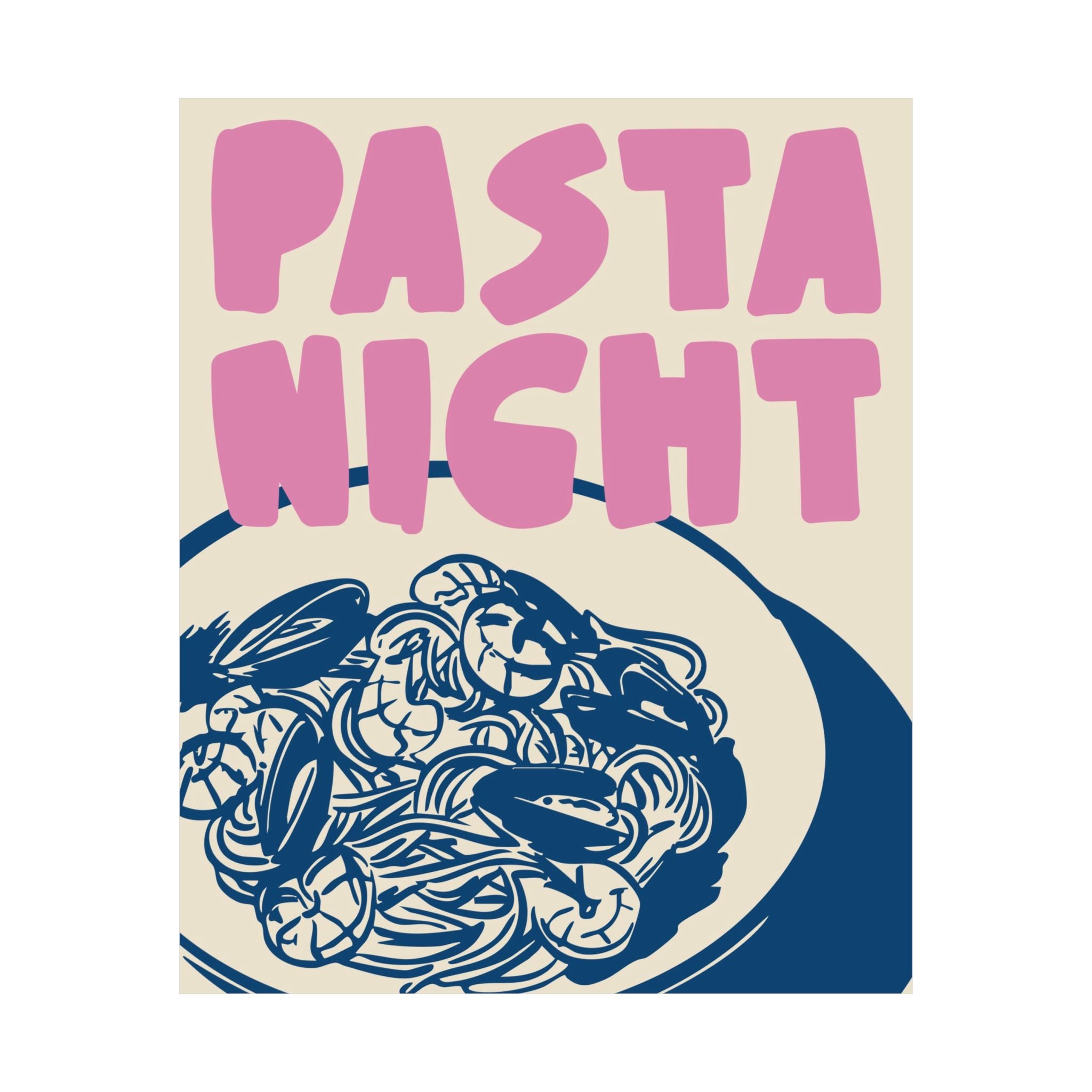 Pasta Night Silhouette Poster, Girl Dinner, Italian Food Pink Blue Wall Art Print